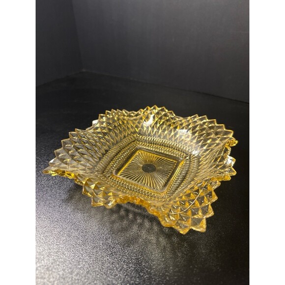 Antique EAPG Amber Daisy & Button Square Candy Nut Dish 6.75" Pressed Glass - Picture 4 of 8